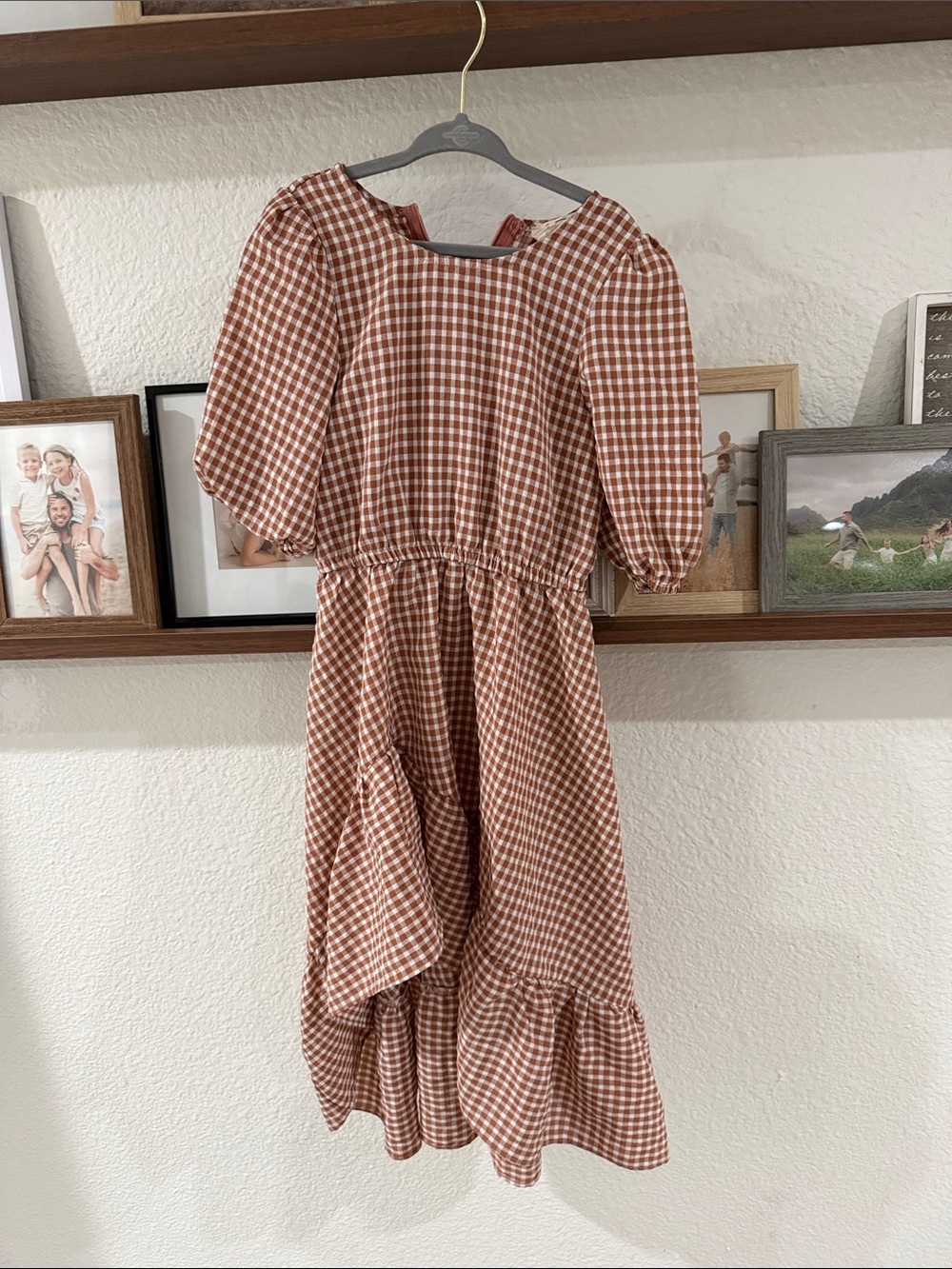 Girls Rust Gingham Midi Dress with Elastic Waist